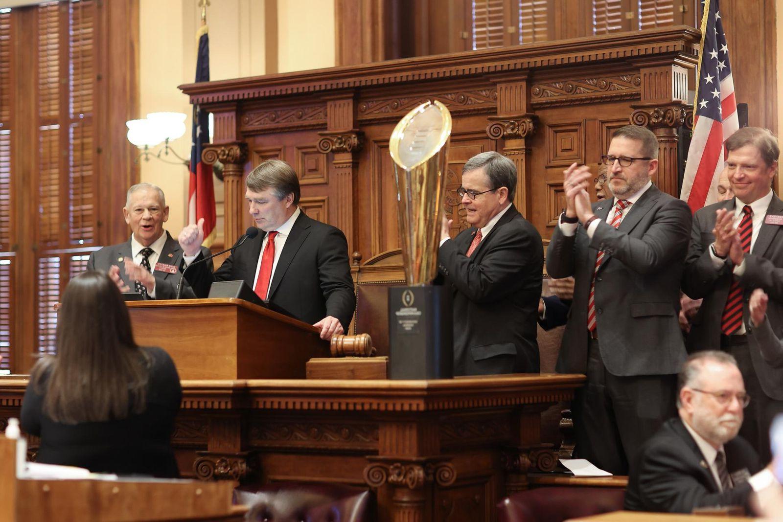 Coach Kirby Smart was commended on the House floor for winning the coveted College Football Playoff earlier this year.